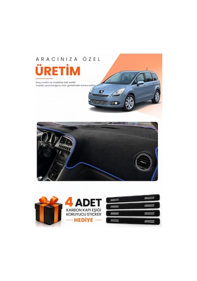 Peugeot 5008 Ekransız 2010-2014 Uyumlu Torpido Koruma Örtüsü Oto Kılıfı - Siyah Mavi