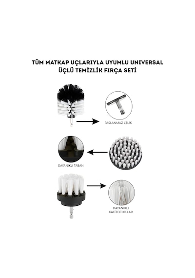 Geniş Kullanım Alanları Matkaplar İle Uyumlu Paslanmaz Demirli Bhd Üçlü Temizlik Fırça Seti