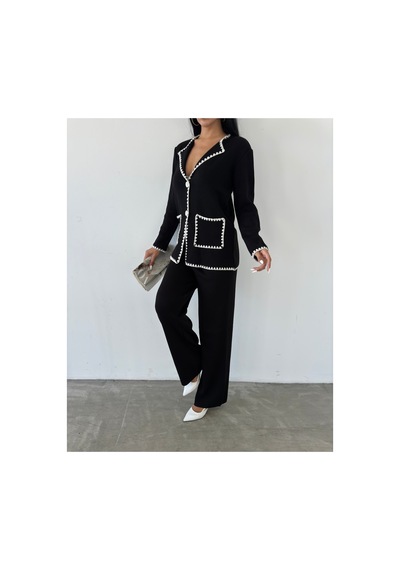 İkrafashion Çoban Dikişli Cepli Premium Triko Takım Siyah Siyah