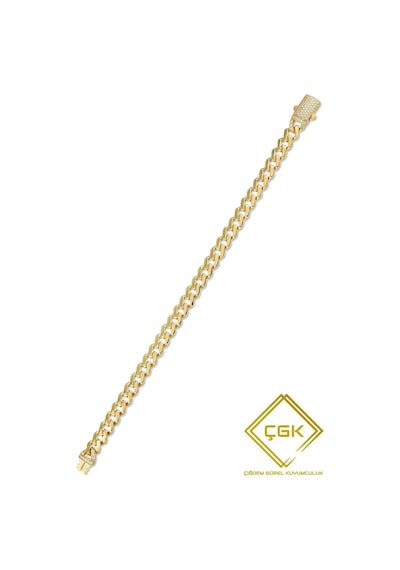 Çgk Çiğdem Gürel Kuyumculuk Çgk Royal Link 8 Ayar Altın Taşlı Gurmet Zincir Bileklik Kadın, Kutu Kilitli Premium Tasarım Gold