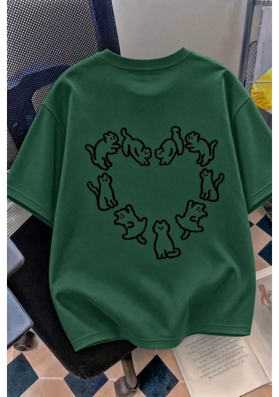 Kedi Kalp Desenli Oversize/rahat Kesim Kısa Kollu T-shirt Yesıl