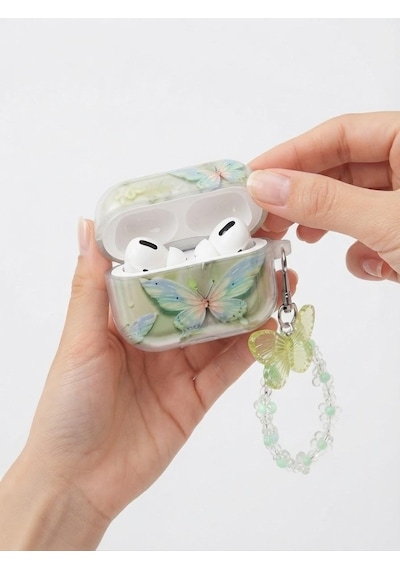 Apple AirPods 4 ve 5 Uyumlu Simli Kulaklık Kılıfı - 3d Kabartmalı Yeşil Butterfly Figürlü Boncuk Zincir Askılı Esnek Tpu Kılıf Şeffaf