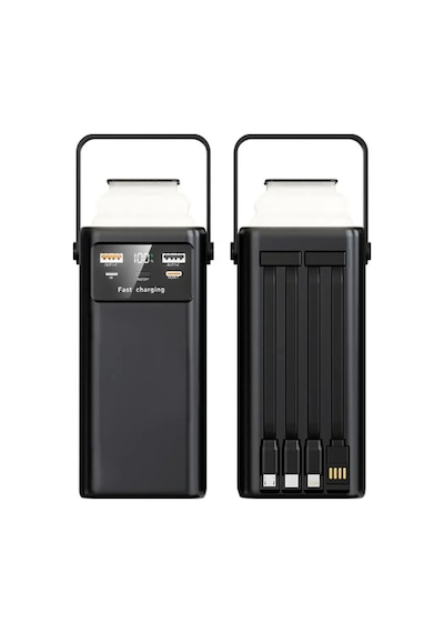 30.000 Mah 22.5w 2xusb 2xtype-c Çıkış Hızlı Şarj Çoklu Kablolu Powerbank Kamp Işık Fener Güç Bankası Siyah