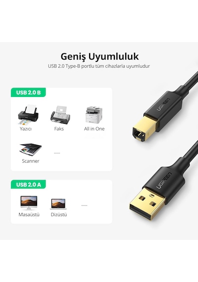Ugreen Usb-a - Usb-b Yazıcı Tarayıcı Kablosu 2 Metre, Siyah, 20847