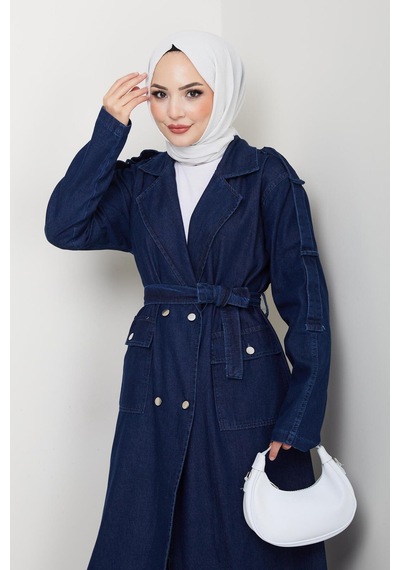 Hb Harma Time Butik Kadın Cepli Kuşaklı Denim Lacivert Trençkot Lacivert Lacivert