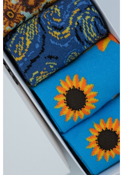 Stocalze Unisex Pamuklu Soket Çorap. Karışık Renkli Vazo Çiçek Ve Gece Desenli Soket Çorap. Sanat Temalı 5'li Soket Çorap Seti Açık Mavi - Lacivert