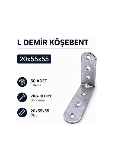 L Demir Köşebent 20x55x55 Mm Oval Başlı Dayanıklı Metal Gönye Bağlantı Aparatı 50 Adet Set Diğer
