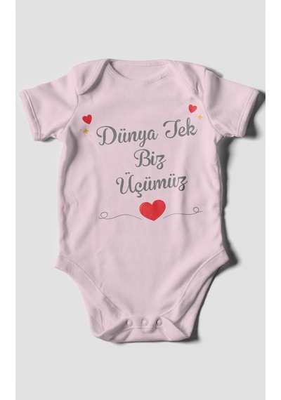 Morivokids Dünya Tek Biz Üçümüz Kısa Kollu Bebek Body %100 Pamuk Bebe Pembe