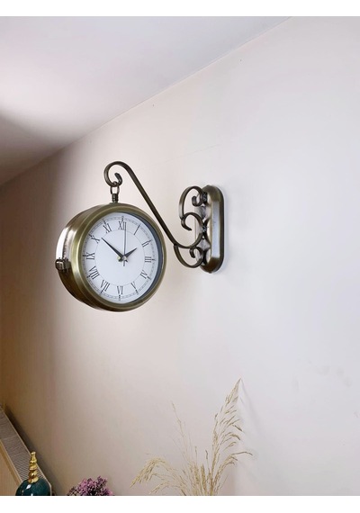Eskitme Metal Romen İstasyon Saati 36 X 25 Cm Çift Taraflı Dekoratif Ve Şık Tasarım
