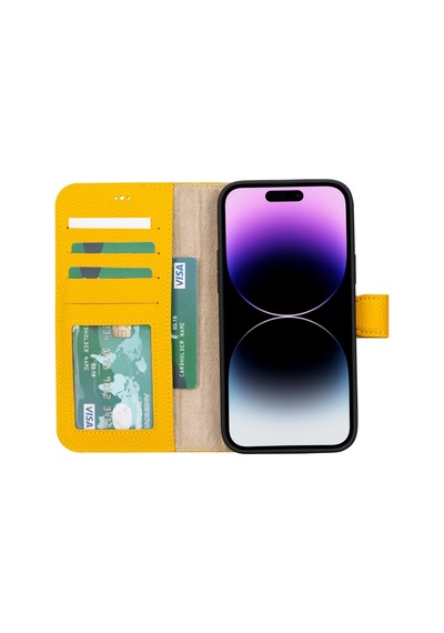 Plm Apple İphone 15 Plus Uyumlu Deri Cüzdanlı Kılıf Mwwn Fl12 Sarı Acı Kahverengi