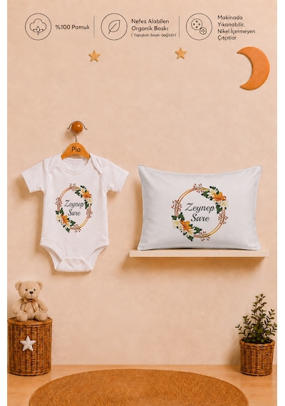 Pia Baby İsimli Kız Bebek Hediye Seti %100 Pamuk Organik Baskılı Body Yastık Kılıfı Ve Ham Bez Bebek Kıyafet Kesesi 1118byk3x Ekru