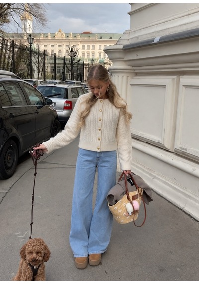 Nilza Vienna Premium Ekru Gold Düğmeli Saç Örgü Triko Hırka Ekru