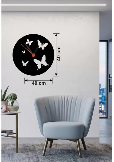 Uçuşan Kelebekler Tasarım Ahşap Duvar Saati - 40x40 Cm Dekoratif Diğer