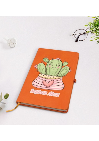 Kişiye Özel Kaktüs Tasarımlı Turuncu Termo Deri Defter Model 2