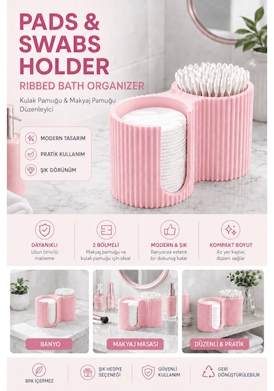 3d Baskı Kulak Pamuğu Ve Makyaj Pamuğu Düzenleyici 2 Bölmeli Banyo Organizeri Pembe