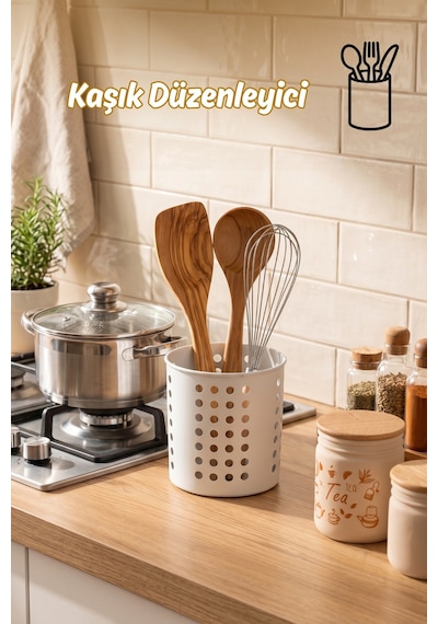 Porsima Kp-165-1 Tezgah Üstü Dik Kaşıklık Bıçaklık Düzenleyici Organizer Mutfak Düzenleyici Beyaz