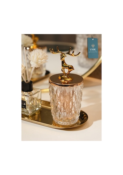 Chacha Home Luxury Lusso 2'li Geyik Figür Kapaklı Kristal Cam Şekerlik, Saklama Kabı, Kavanoz Altın