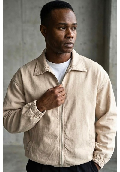 Freemen Erkek Basic Gabardin Kumaş Fermuarlı Oversize Mevsimlik Polo Yaka Ceket Bej