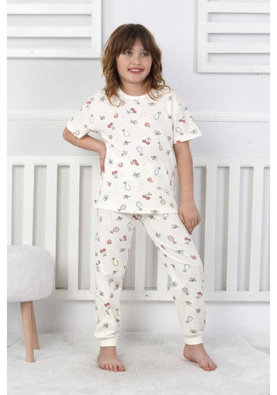 %100 Pamuk Yazlık Kısa Kollu Terletmeyen Yumuşak Kumaşlı Kız Çocuk Pijama Takımı Krem