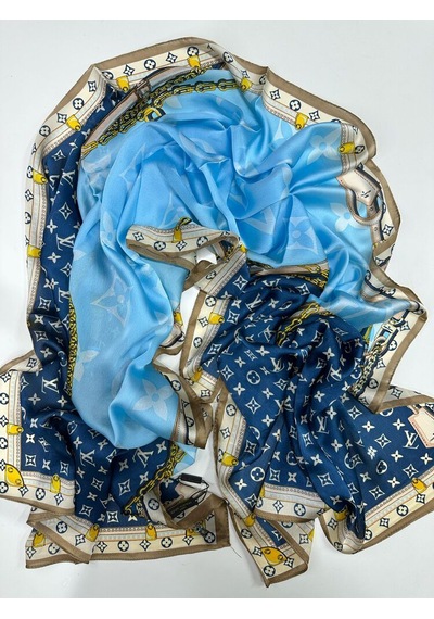 Miorel Scarfs Premium Kalite Lv Desen Vual İpek Şal Yeni Sezon Silk Scarfs Shawl Hijab Fular Mavi Turkuaz