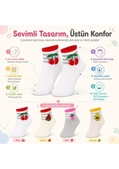 Womanandkids Wak Kız Çocuk Pamuklu 4'lü Meyve Desenli Çorap Kiraz Karpuz Çilek Avokado Günlük Bilek Çorabı Çok Renkli