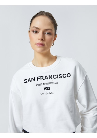 Koton Crop Sweatshirt Baskılı Bisiklet Yaka Pamuklu Beyaz 4sak10207ek Beyaz