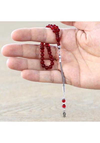 Tesbihane Damla Kehribar Tesbih - 925 Ayar Gümüş Püsküllü - Kırmızı Renk - Küre Kesim