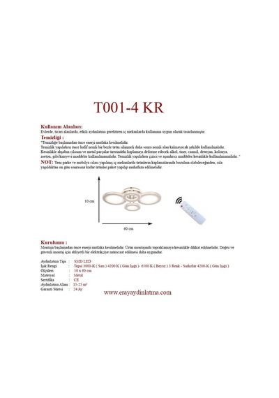 Eray Aydınlatma T001-4 Krom Kumandalı Led Avize Krom