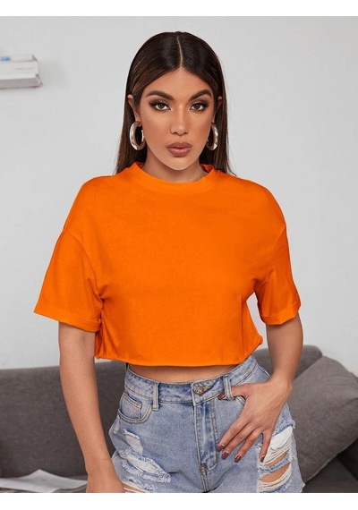 Flood Of Style Kadın Turuncu Bisiklet Yaka Oversize Crop T-shirt