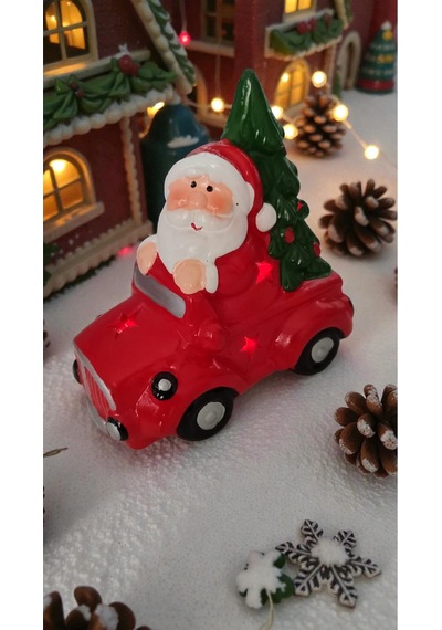 Yılbaşına Özel Noel Baba Arabalı Çam Ağaçlı Işıklı Boyut 13cm 10cm