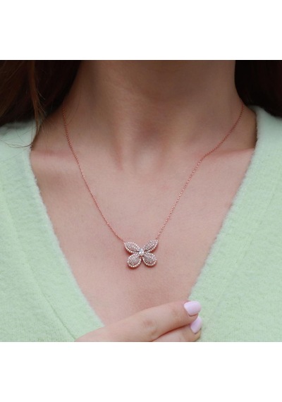 Kelebek Model Beyaz Zirkon Taşlı Rose Gold Kaplama Gümüş Kolye Gümüş