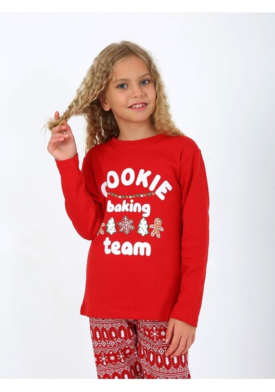 Kız Çocuk Uzun Kollu %100 Pamuklu Pijama Takımı Cookie Team Kırmızı