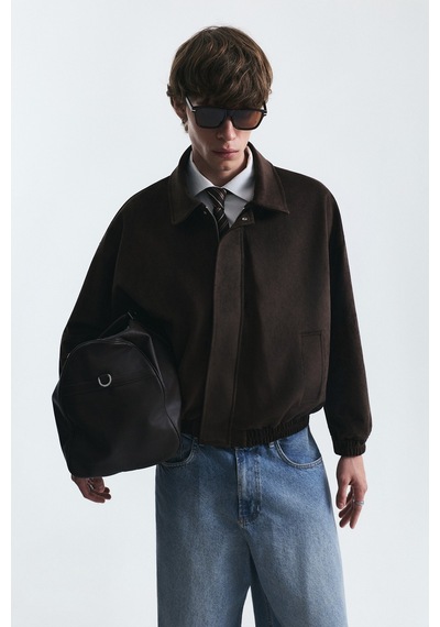 Vamos Oversize Polo Yaka Suni Süet Mont Kahverengi