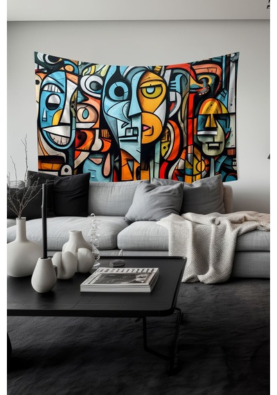 Renkli Yüzler Desenli Duvar Halısı Duvar Örtüsü Tapestry Süet Dokulu Kumaş