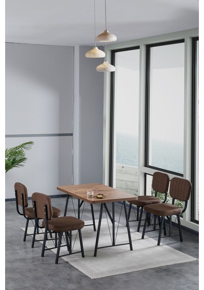 Hayat 70x110cm Sabit Atlantik Mutfak Masası, Mutfak Masası Takımı, Yemek Masası, 4 Kahve Sandalye Kahverengi