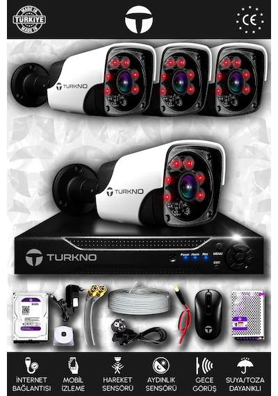 Turkno 4 Kameralı Pania 4 Dış Kamera Set 250 GB HDD Full HD Gece Görüşlü Güvenlik Kamerası Sistemi