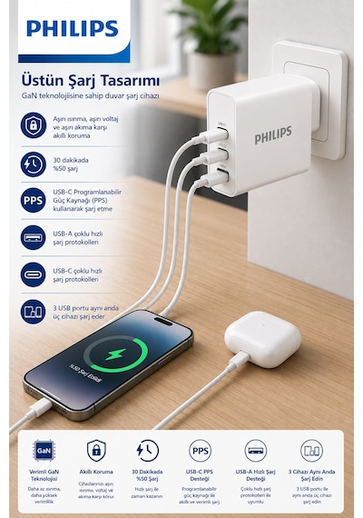 Philips Dlp2683/12 65w Gan Hızlı Şarj Adaptörü, 2x Usb-c Pd+1x Usb-a Qc 4.0 3 Port Duvar Şarj Cihazı