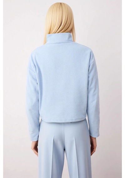 Benerly Kadın Dik Yaka Düşük Kol Fermuarlı Regular Kalıp Örme Sweatshirt Mavi