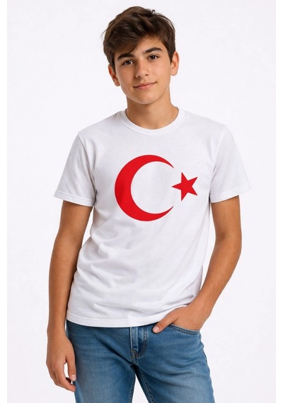 Wear Vexel Erkek Çocuk Tişört Bisiklet Yaka Ay Yıldız Bayrak Baskılı T-shirt - Beyaz Çok Renkli