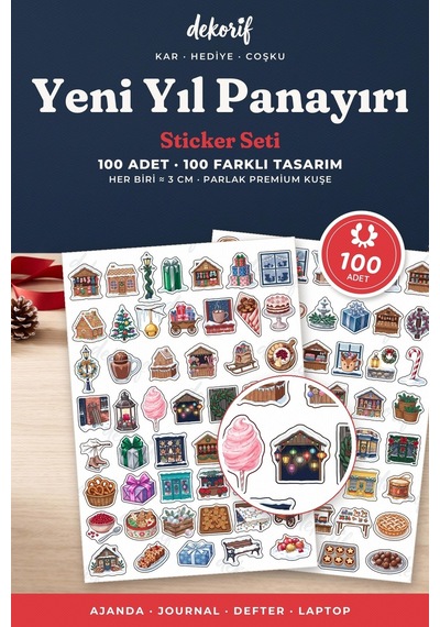 Yeni Yıl Panayırı Sticker Seti 100 Adet - Işıltılı Dükkanlar Karlı Sokaklar Renkli Ajanda Çıkartma Çok Renkli