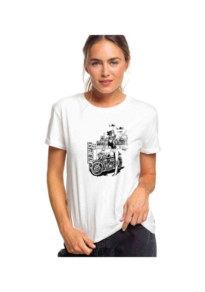 Racer Motor Motorsiklet Baskılı Beyaz Kadın Tshirt
