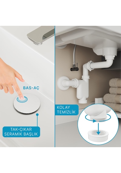 Aqua Bagno Comfort Yer Kazandıran Lavabo Sifonu + Pop-up Sifon, Beyaz Seramik Başlıklı ,taşma Deliksiz, 1 -1/4 Beyaz
