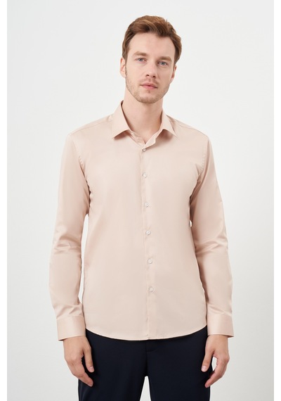 Morven Erkek Bej Pamuk Düz Desen Sert Yaka Slim Fit Gömlek 24mc004111653 Bej