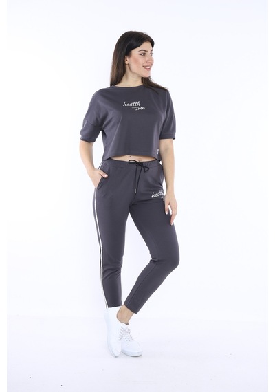 Kadın-alt-üst T-shirt Takım, Rahat Kesim-3827 - S Füme