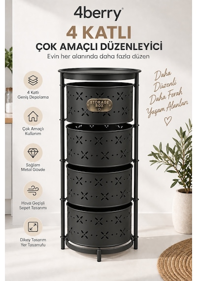 4 Katlı Metal Çok Amaçlı Düzenleyici Sepet Mutfak Sebzelik, Oyuncak, Banyo Ve Ev Organizeri Siyah