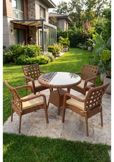 Eterna Serisi 1.sınıf 4 Adet Tekli Cappucino Rattan Krem Minder Bahçe Balkon Takımı