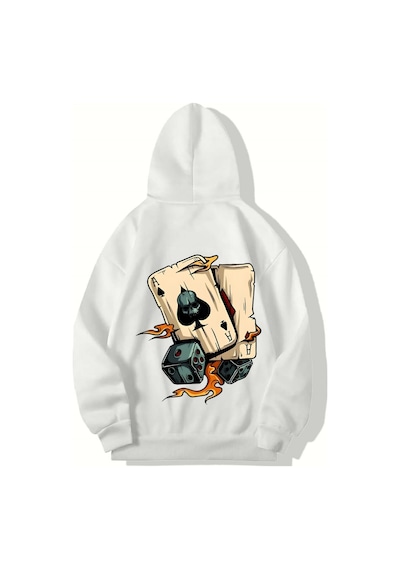 Brz Collection Unisex Oversize Poker Cards Hoodıe Beyaz