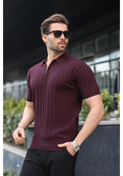 Madmext Bordo Yarım Fermuarlı Polo Yaka Erkek Kazak E7458 Bordo