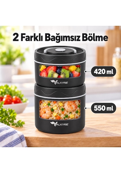 Valkyrie 2 Katlı Taraftar 304 Paslanmaz Çelik Yemek Termosu 420+550 Ml Isı Yalıtımlı Çantalı Siyah