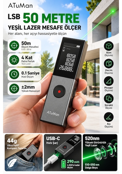 Atuman Ls-b 50 Metre Yeşil Lazer Metre Gün Işığına Uygun Şarjlı Dijital Mesafe Alan Hacim Ve Açı Ölçer Lazermetre